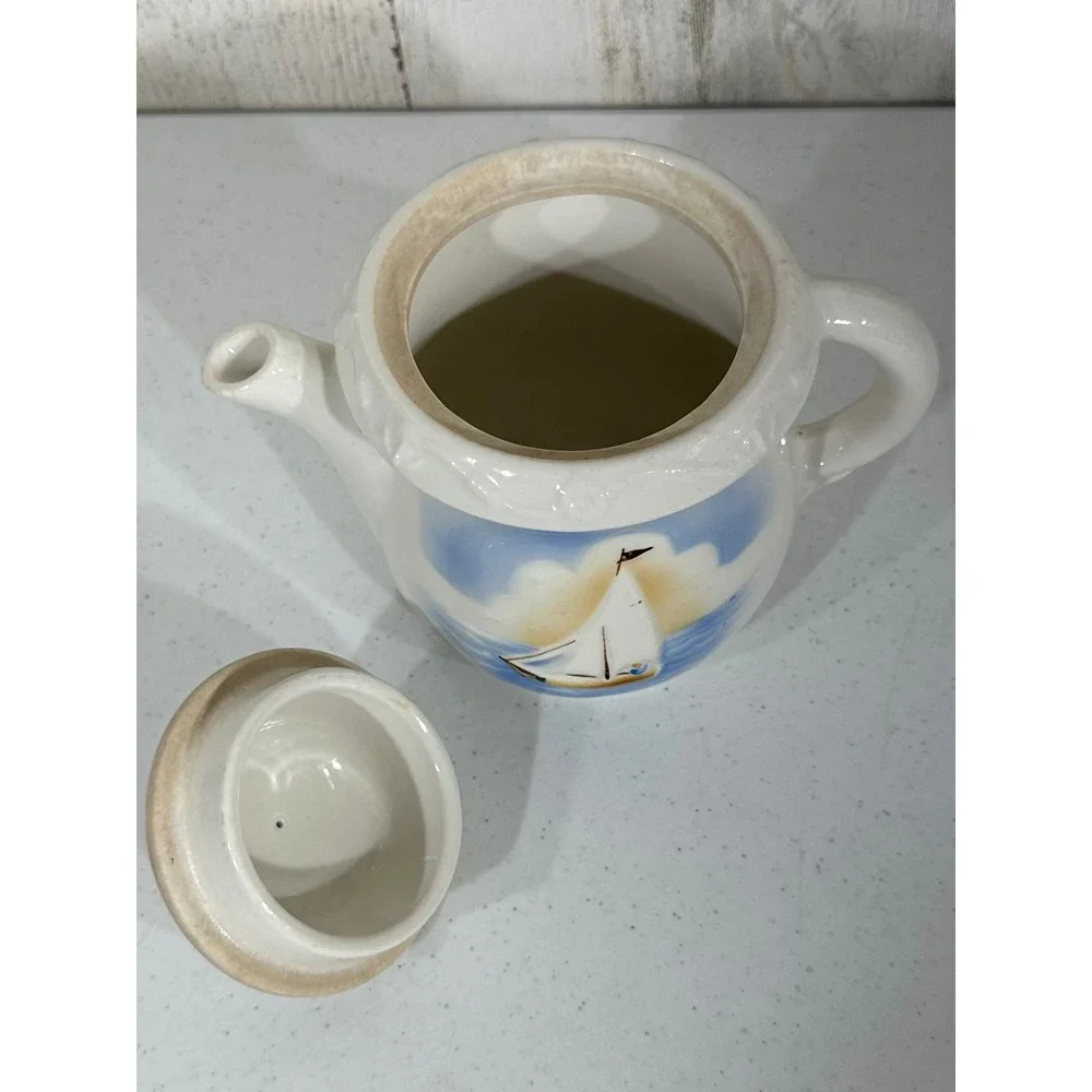 Porcelier‎ Vintage Porcelain Teapot Sailboat Nautical Beach Coastal Made in USA